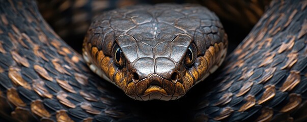 Macro shot of a cobra with its hood flared, showcasing intricate scale patterns and intense gaze in vivid detail and sharp focus.