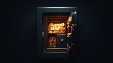 Open safe filled with gold coins
