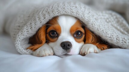 The charming dog is curled up under a warm blanket, resting on a bed. Its expressive eyes peek out, radiating a sense of calm and comfort in the cozy setting