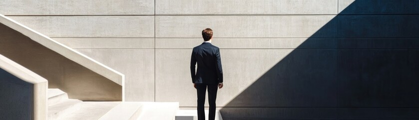 Businessman Standing in a Shadowy Concrete Setting