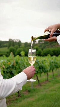 Um cen&aacute;rio pitoresco de vinhedos prepara o cen&aacute;rio para uma experi&ecirc;ncia requintada de degusta&ccedil;&atilde;o de vinhos. Um sommelier habilidoso, vestido com uma t&uacute;nica branca impec&aacute;vel, est&aacute; com uma ta&ccedil;a de vinho