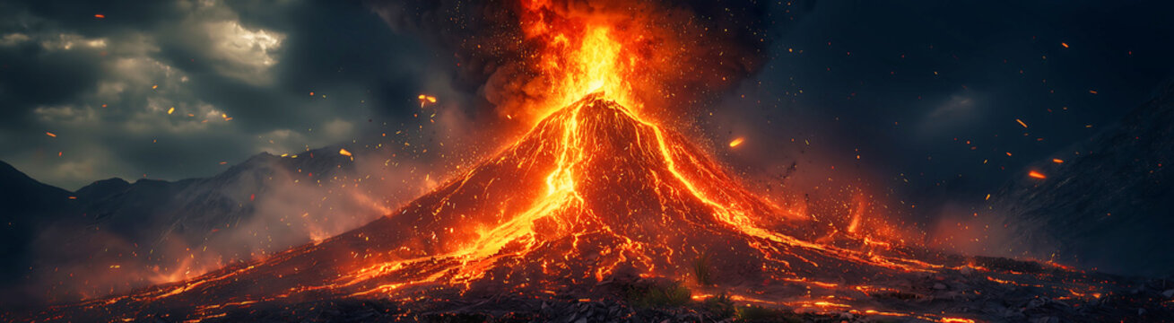 Erupting Volcano with Flowing Lava and Ash Clouds