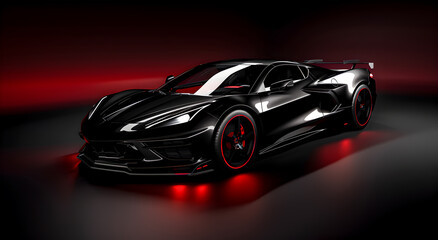 Obraz premium Sleek black sports car with red accents. Sports car concept.