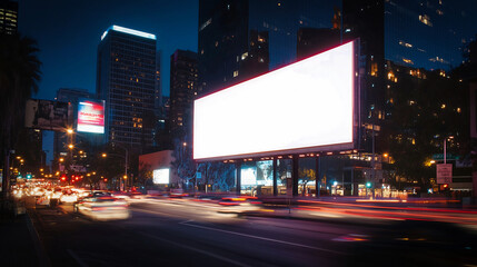 City Street with Large Blank Billboard at Night