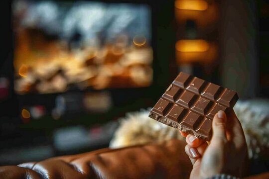 - A close-up shot of a person's hand holding a piece of decadent chocolate while sitting on their cozy couch and watching their favorite movie on TV at home.