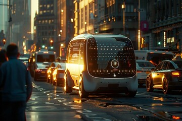 futuristic autonomous van navigating through a busy city street, with the driverless system detecting pedestrians and vehicles to ensure safety.