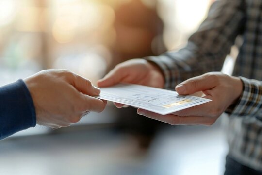 close-up shot of a businessperson's hand giving a cheque to their colleague at the workplace. The image conveys themes of compensation, salary, and financial security.