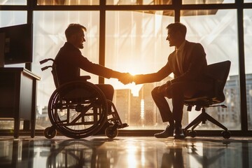 powerful and inspiring image of two happy businessmen, one sitting on a wheelchair and one on a chair, shaking hands in front of a computer. The image symbolizes diversity and inclusion