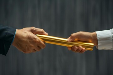 Two hands passing a gold baton against a grey backdrop to symbolize teamwork and continuity in the business world.
