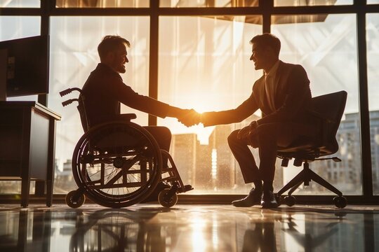 powerful and inspiring image of two happy businessmen, one sitting on a wheelchair and one on a chair, shaking hands in front of a computer. The image symbolizes diversity and inclusion