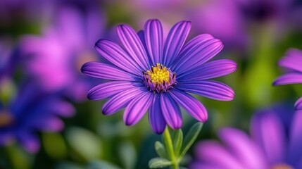 Fototapeta premium A vibrant purple flower with a striking yellow center stands out amongst lush greenery in a sunlit garden. This beauty showcases nature's colorful springtime display