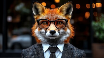 Obraz premium A dapper fox wearing glasses and a tailored suit stands confidently in an urban cafe, merging the whimsical with the refined. This lively setting adds to its unique allure