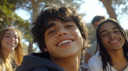 Naklejka premium Four young men are gathered together outdoors, smiling and enjoying each other's company on a bright and sunny day, surrounded by trees and greenery