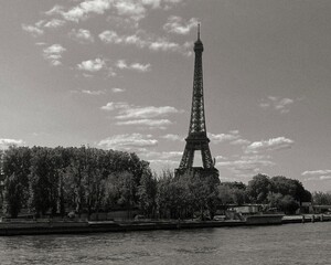 Black and White Paris Cityscape with Eiffel Tower and River Seine