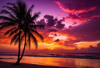 vibrant palm tree silhouette stunning sunset backdrop rich colors tranquil atmosphere, colorful, sky, orange, pink, yellow, light, contrast, nature