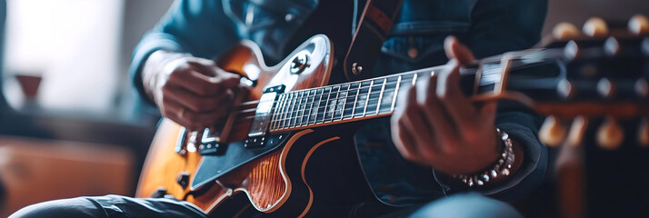 Fototapeta premium A close-up of a musician playing an electric guitar, focusing on the instrument's details and the artist's hands strumming the strings. 