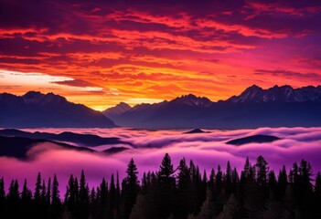 Obraz premium striking bold silhouettes set vibrant sunset backdrop rich colors dynamic shapes, contrast, orange, pink, red, yellow, landscape, evening, light, view