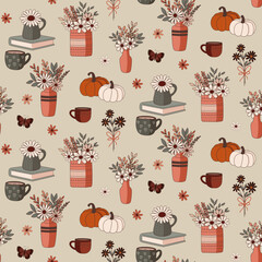 Floral fall vector pattern with mugs and butterflies