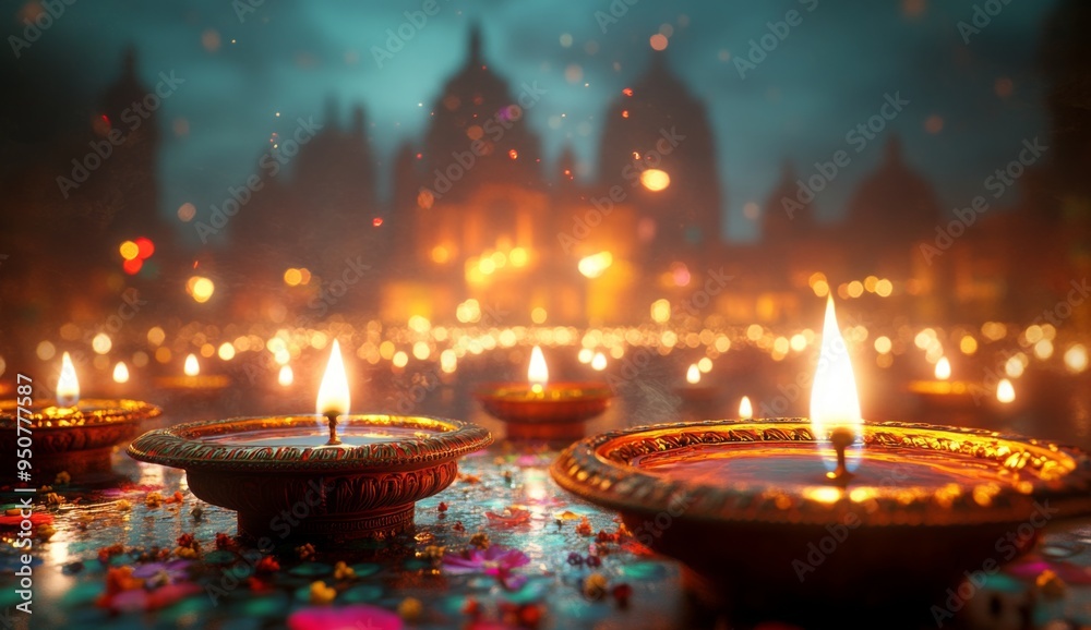 Wall mural illustation of diwali festival of lights tradition diya oil lamps against dark background