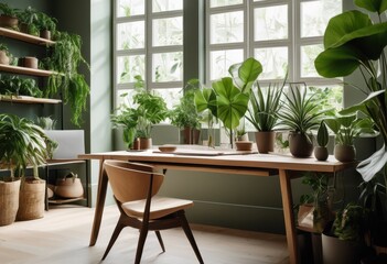 Fototapeta premium serene workspace featuring nature inspired decor minimalist aesthetics calm productive environment, minimalism, design, furniture, plants, light, colors
