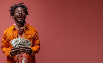 Obraz premium Homme souriant heureux tenant fièrement des liasses de billets de banque, réussite financière, prospérité, gain loterie - fond rouge orangé espace négatif copyspace