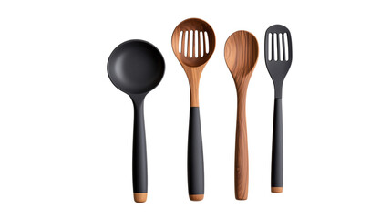 kitchen utensil set with wooden handles isolated on transparent background