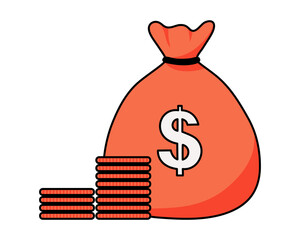 Bag with dollar sign. A red bag with a dollar sign and a stack of coins. A symbol of wealth, savings, or financial success. For finance-related projects, websites, or presentations.
