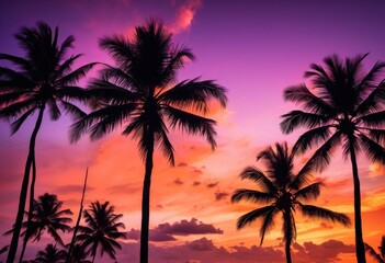 Obraz premium vibrant palm silhouettes framed stunning sunset backdrop rich purple hues sky, orange, pink, light, contrast, nature, landscape, evening, dusk, tropical