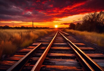 Fototapeta premium vibrant sunset reflection abandoned train tracks rich colors textures creating stunning visual display, landscape, scenery, nature, sky, clouds, evening