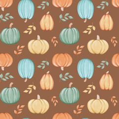Seamless pattern with pumpkins and leaves