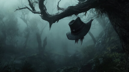 witcher hat suspended in a misty, haunting forest