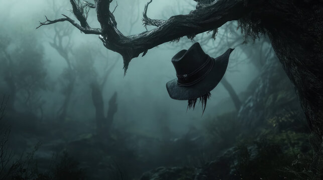 witcher hat suspended in a misty, haunting forest