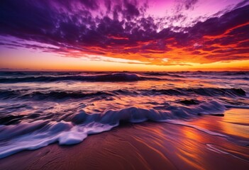 Fototapeta premium vibrant ocean sunset showcasing radiant waves dramatic shadows over water, sky, color, light, reflection, clouds, horizon, evening, scenery, nature