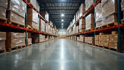 Fototapeta premium Industrial Warehouse storage shelves with uniform pallets