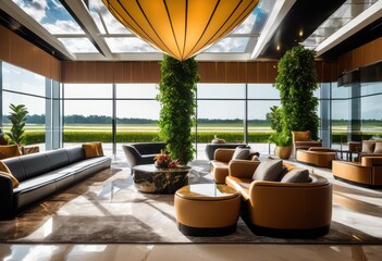 Fototapeta premium elegant airport lounge designs featuring comfortable seating arrangements luxurious interior elements, layout, luxury, furniture, ambiance, modern, space