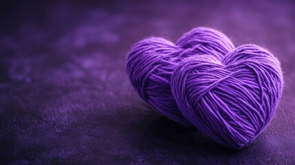 Beautiful purple hearts made of yarn on a dark surface. Hearts made of purple yarn in the concept of love and togetherness.