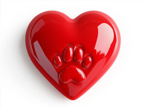 Cuore 3d lucido con sopra una zampa di un animale. Amore per gli animali. Avere a cuore gli animali.