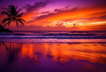 vibrant silhouettes palm trees framed breathtaking sunset fiery orange purple hues tropical scene, colors, sky, nature, landscape, horizon, sunlight, beach