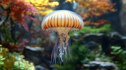 A striking jellyfish floats elegantly in clear water, illuminated by soft light, amidst lush...
