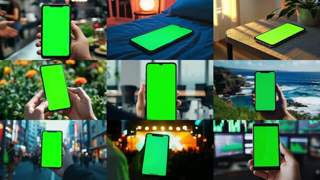 Collage of 3x3 grid of nine views smartphones in assorted locations. Center shot is of a phone on a bed. All smart phone screens are chroma key green screens. Phone app concept.