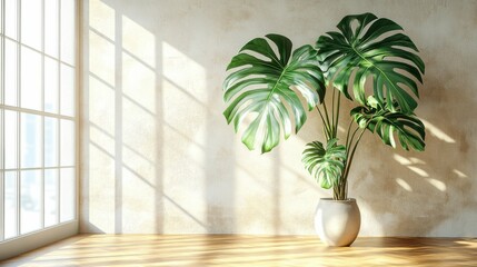 A large, leafy plant stands in a stylish pot in a sunlit room. Sunbeams filter through expansive...