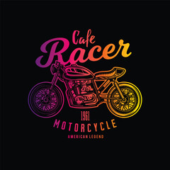 Cafe racer custom motorcycle. Original vector illustration in vintage style isolated on black background. T-shirt design.