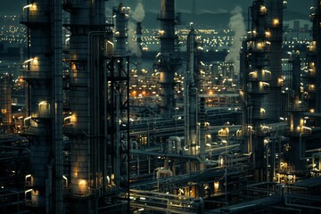 A modern oil refinery at night, showcasing a complex network of illuminated industrial structures, pipes, and towers. The scene highlights the vast scale and intricate design of the facility