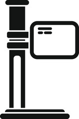 Simple black and white vector icon of a microscope standing on a laboratory table, for scientific or medical concepts