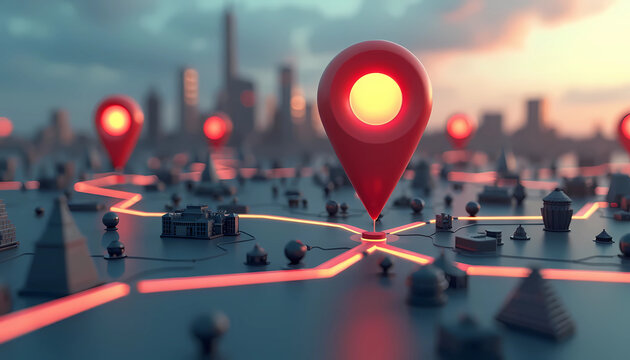 A 3D conceptual rendering depicts a cityscape with abstract, interconnected location markers set against a muted sky, highlighting a navigation theme centered on connectivity and precise location trac