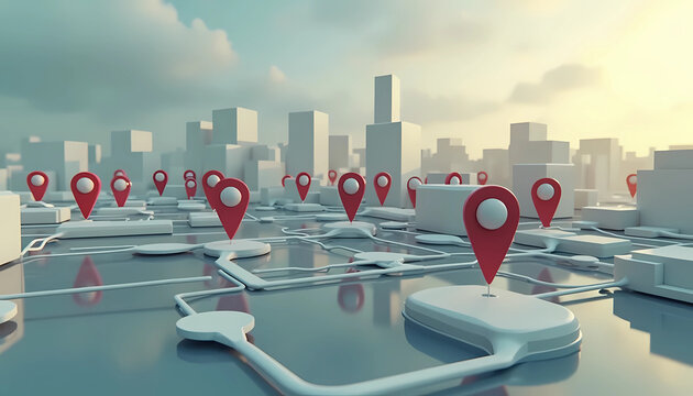 A 3D conceptual rendering depicts a cityscape with abstract, interconnected location markers set against a muted sky, highlighting a navigation theme centered on connectivity and precise location trac