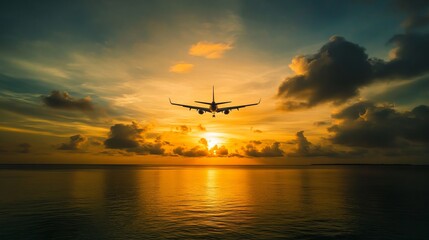 A plane soars above the tranquil tropical sea as the sun dips below the horizon, casting a golden glow across the serene waters. 