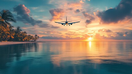 Naklejka premium A plane soars above the tranquil tropical sea as the sun dips below the horizon, casting a golden glow across the serene waters. 
