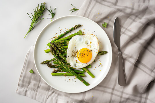 Assiette &eacute;l&eacute;gante d&eacute;jeuner gourmet avec un &oelig;uf au plat sur lit d'asperges vertes fra&icirc;ches, parsem&eacute;e de graines et d'herbes, repr&eacute;sentant une alimentation saine et &eacute;quilibr&eacute;e de saison