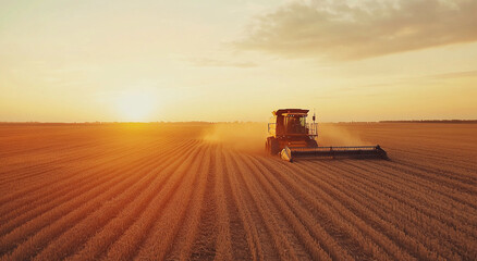 Fototapeta premium Harvest Time: Aerial View of Combine Harvester Sunset Working on Ripe Wheat Field, crop Harvest, moisson, , Agriculture, Concept of a rich harvest